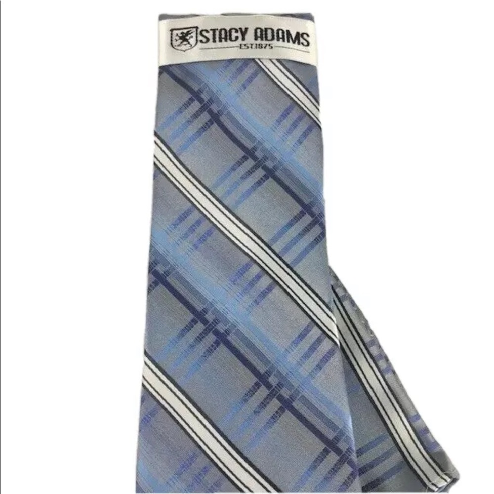 Stacy Adams Men's Tie Hanky Set Navy Blue Cobalt Blue White Black Stripes 3.5" - Picture 2 of 4